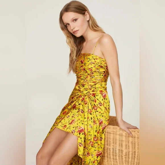 Cinq a Sept Katz Provence Dress 14 Yellow Floral Ruched Satin Midi Formal - Picture 14 of 16